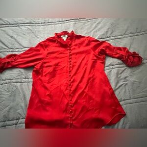 Express Red Long Sleeve Silky Button Up Blouse. Large